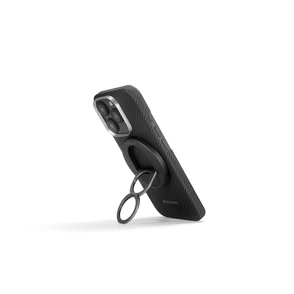 Apple iPhone 16 Pro Uyumlu Kılıf M-safe Şarj Özellikli Grip 3 Standlı 600D Aramid Fiber Pitaka Ultra-Slim Classic Serisi Black-Grey Twill Kapak - 1