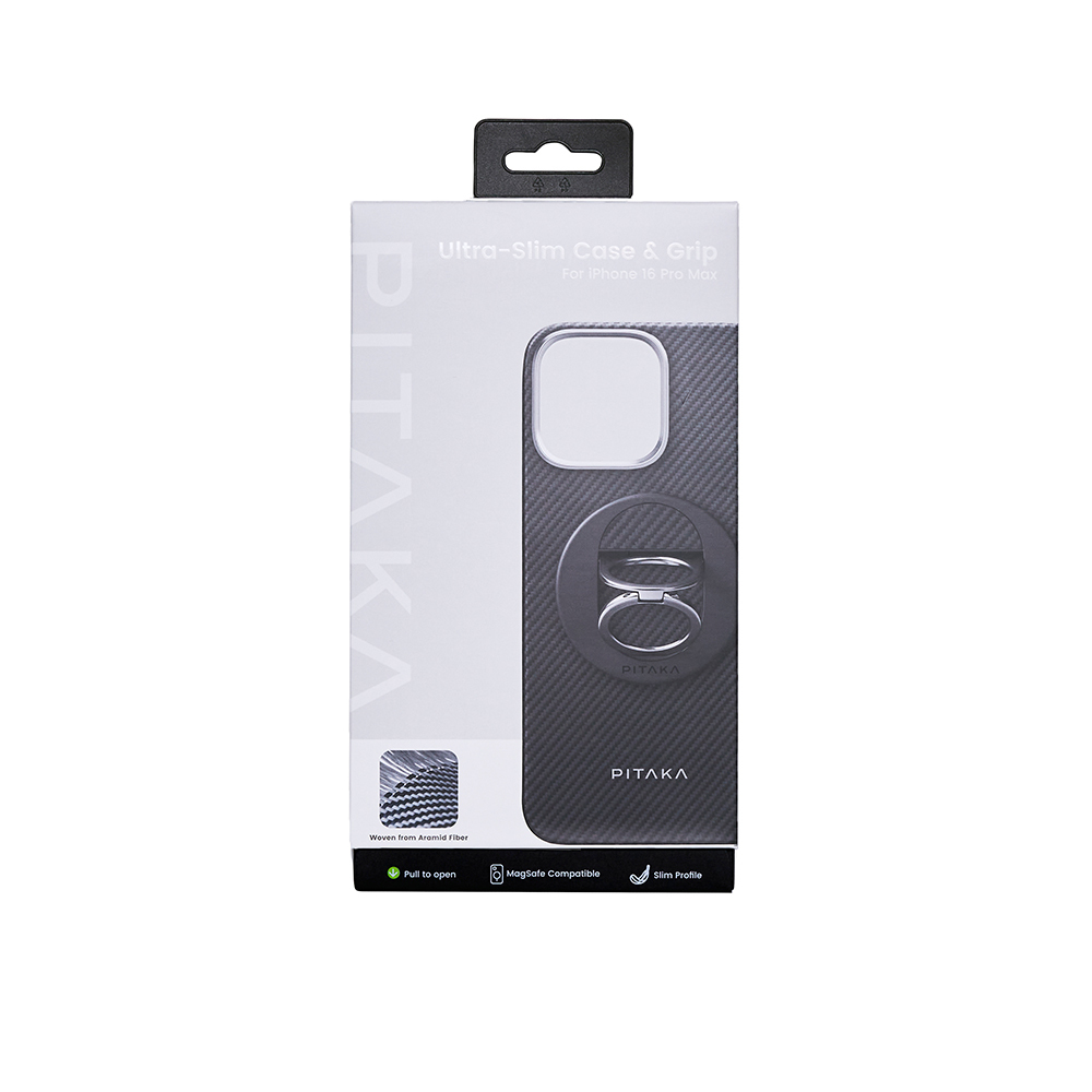 Apple iPhone 16 Pro Max Uyumlu Kılıf M-safe Şarj Özellikli Grip 3 Standlı 600D Aramid Fiber Pitaka Ultra-Slim Classic Serisi Black-Grey Twill Kapak - 2