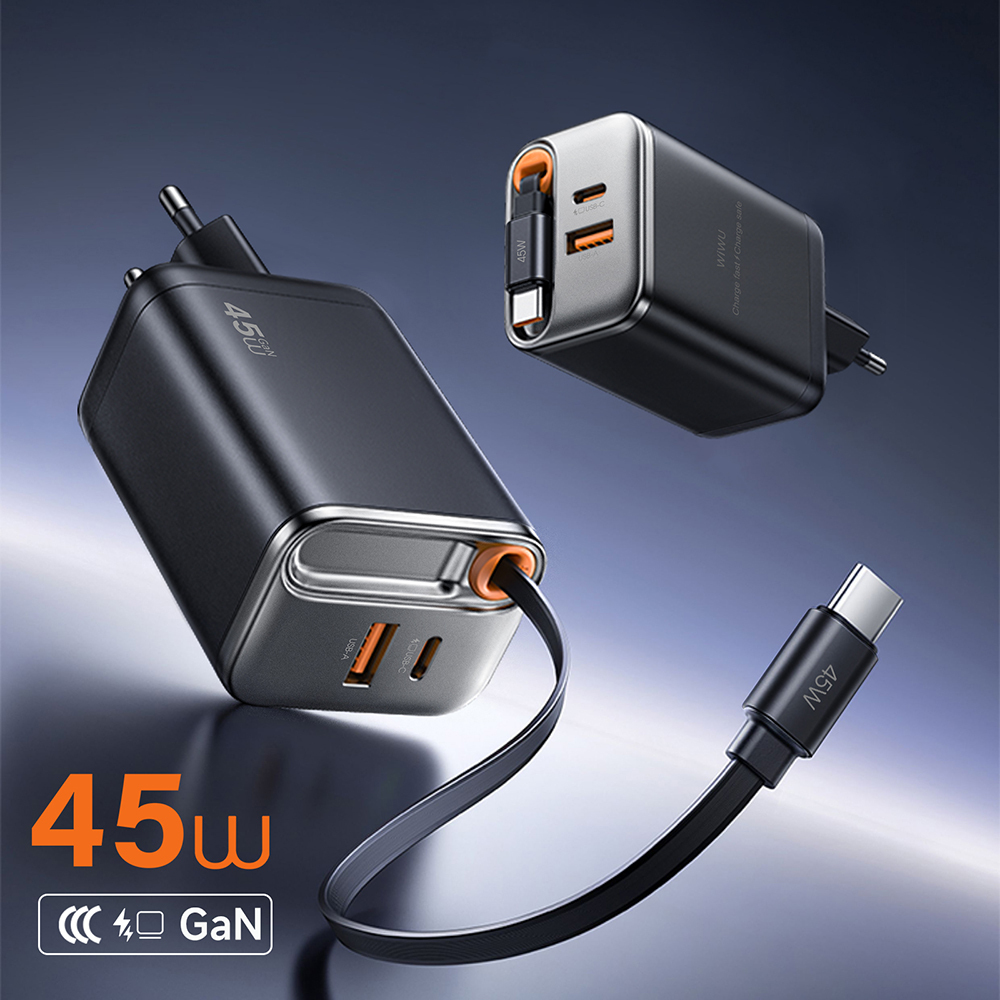 Wiwu Wi-G021 Helix Serisi GaN Teknolojili Hızlı Şarj Başlığı USB-A to Type-C PD 45W Type-C Kablolu Şarj Seti - 1