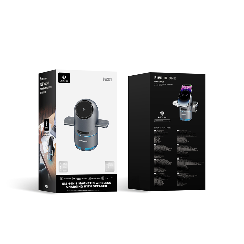 Lenyes PW321 Qi2 Şarj Teknolojili Bluetooth Speaker Hoparlör Özellikli Telefon&Akıllı Saat&Kulaklık 15W 4in1 Kablosuz Şarj Standı - 4