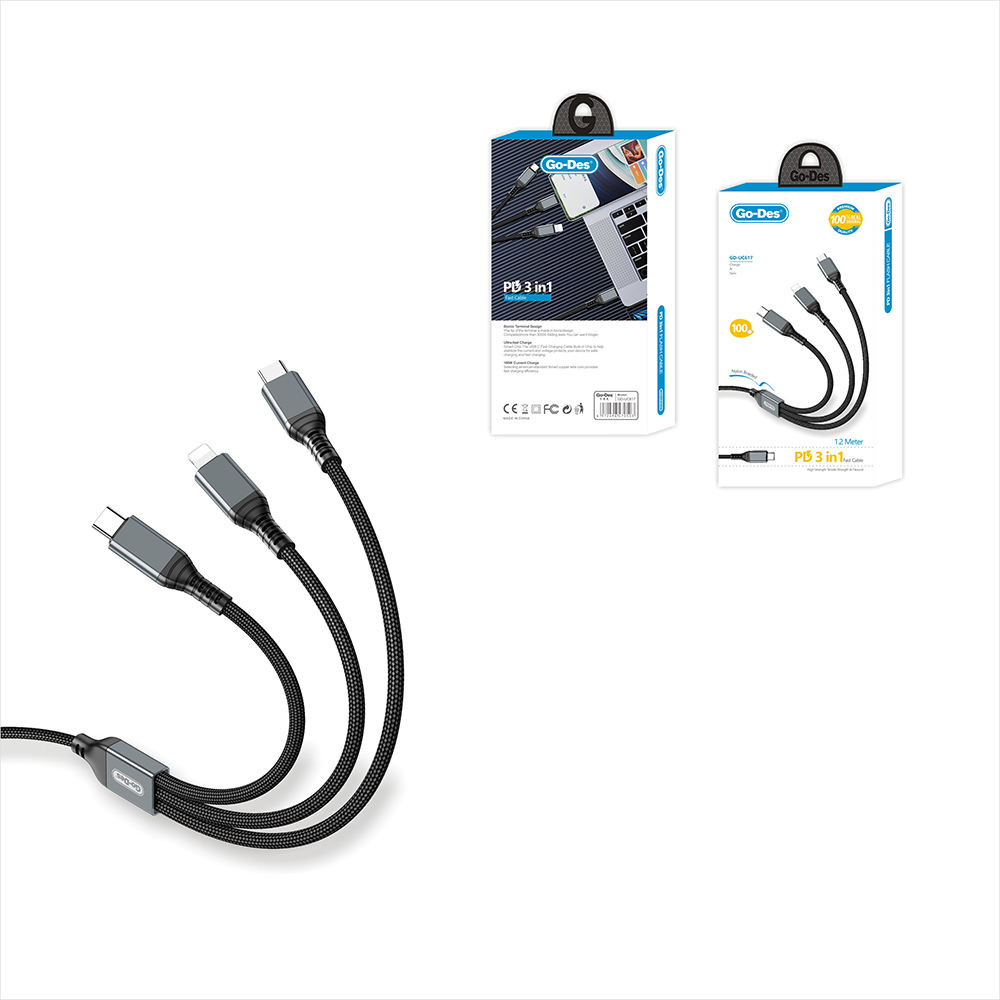 Go-Des GD-UC617 3in1 Type-C to Lightning – Type-C – Type-C Ultra Hızlı PD Şarj Kablosu 100W 1.2M - 2
