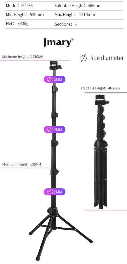 Jmary MT-36 Tripod 171 cm 360 Derece Dönebilen Başlık 4 Kademeli Yükselik Ayarı - 3