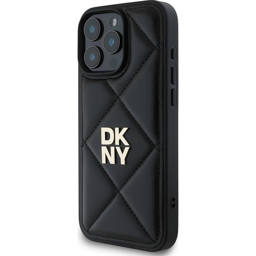 iPhone 16 Pro Max Uyumlu Kılıf Dkny Orjinal Lisanslı Kapitone Tasarımlı Metal Logolu Deri Siyah