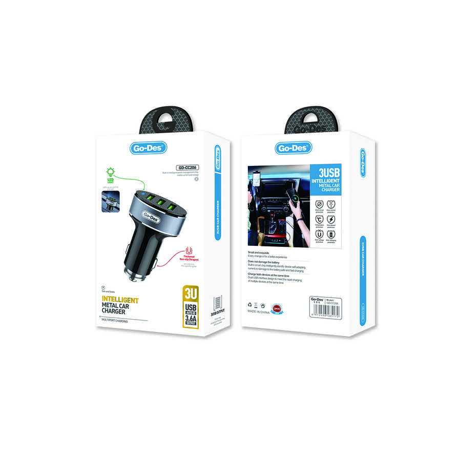 Go Des GD-CC206 3 Usbli Led Işıklı Metal Araç Şarj Başlığı 3.6A - 1