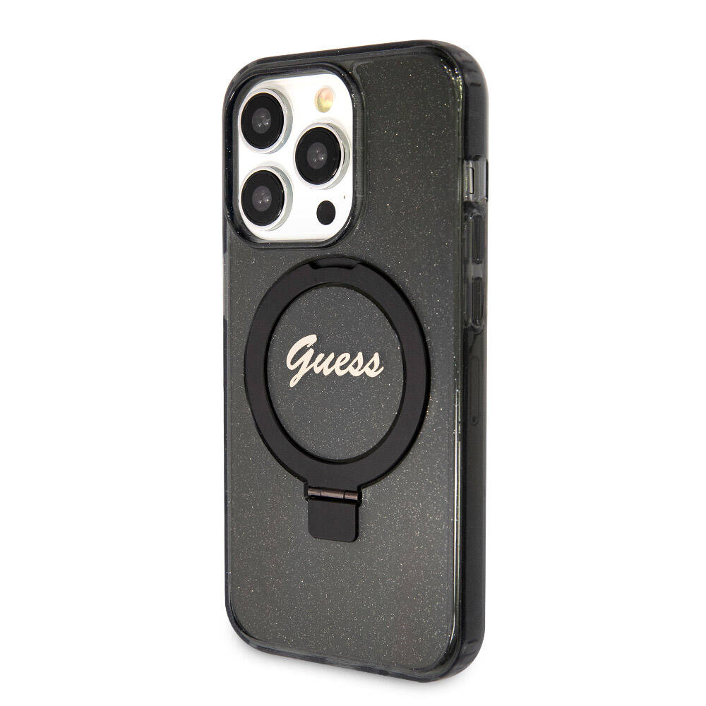 Apple iPhone 15 Pro Uyumlu Kılıf Guess Orjinal Lisanslı Magsafe Şarj Özellikli Simli Arka Yüzey Ring Standlı Kapak - 1