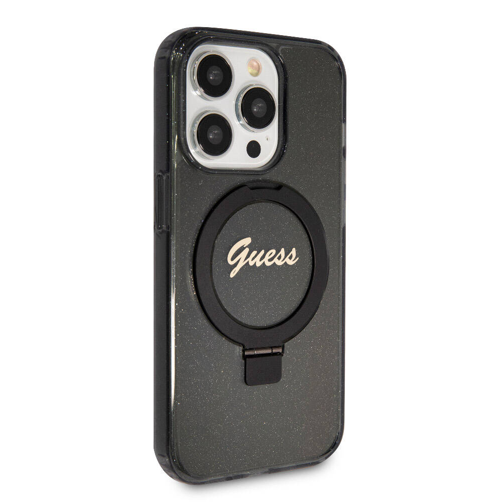 Apple iPhone 15 Pro Uyumlu Kılıf Guess Orjinal Lisanslı Magsafe Şarj Özellikli Simli Arka Yüzey Ring Standlı Kapak - 3