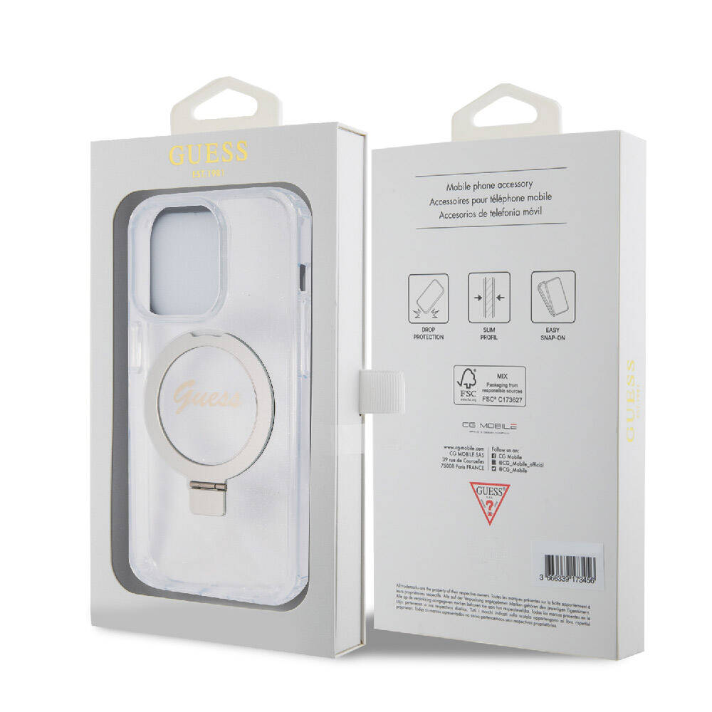 Apple iPhone 15 Pro Uyumlu Kılıf Guess Orjinal Lisanslı Magsafe Şarj Özellikli Simli Arka Yüzey Ring Standlı Kapak - 14