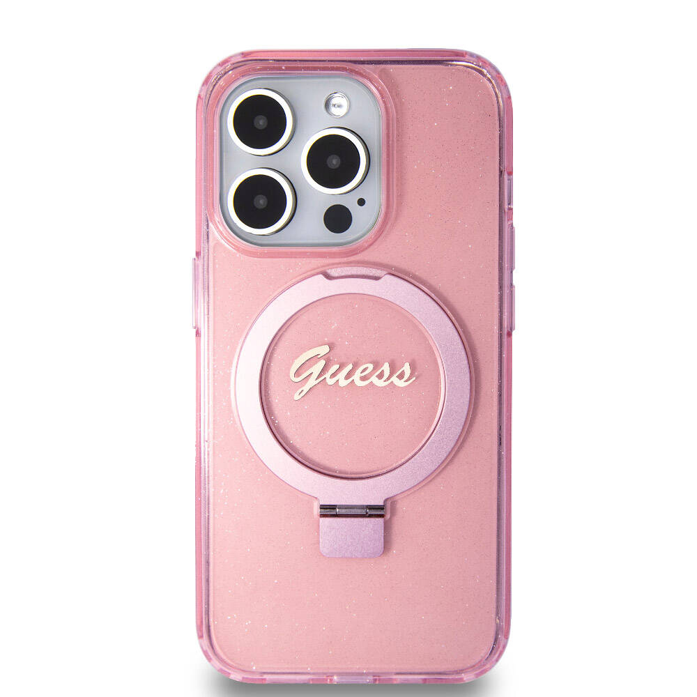 Apple iPhone 15 Pro Uyumlu Kılıf Guess Orjinal Lisanslı Magsafe Şarj Özellikli Simli Arka Yüzey Ring Standlı Kapak - 16