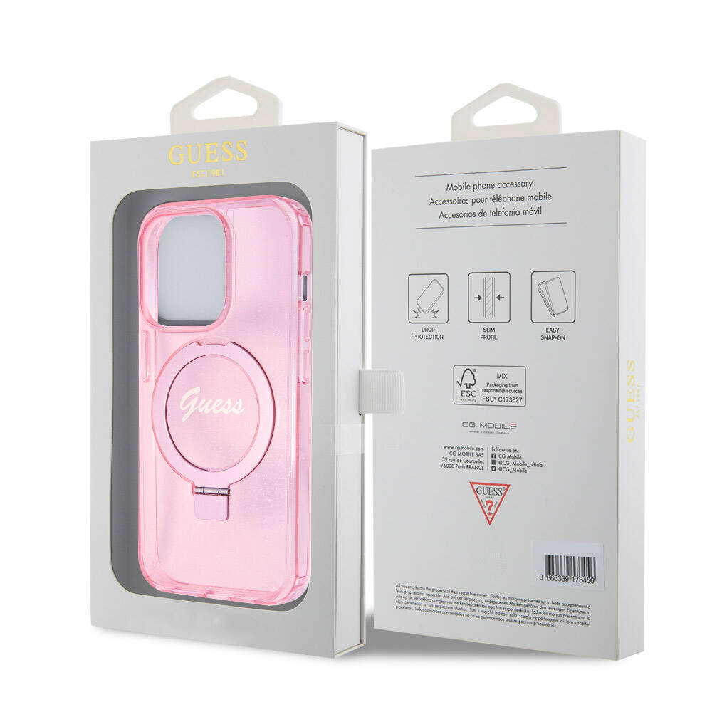 Apple iPhone 15 Pro Uyumlu Kılıf Guess Orjinal Lisanslı Magsafe Şarj Özellikli Simli Arka Yüzey Ring Standlı Kapak - 21