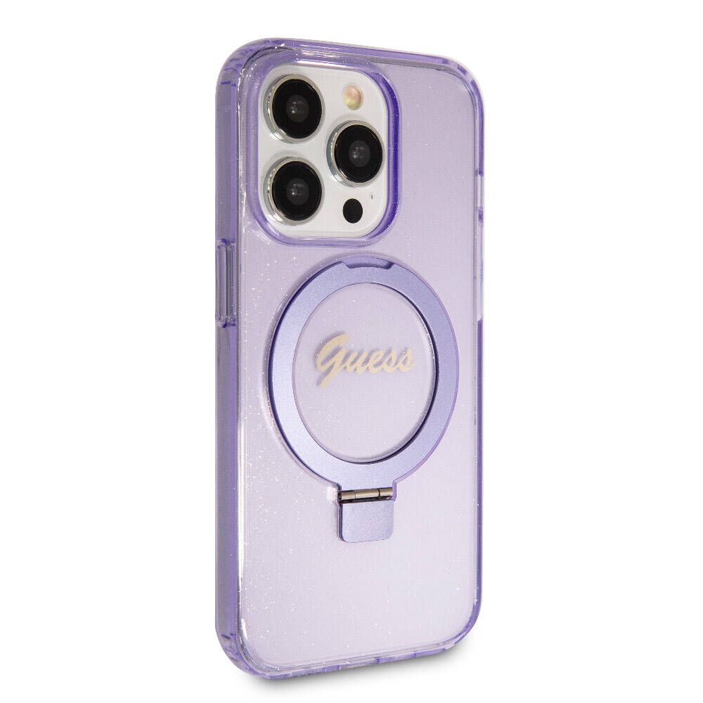 Apple iPhone 15 Pro Uyumlu Kılıf Guess Orjinal Lisanslı Magsafe Şarj Özellikli Simli Arka Yüzey Ring Standlı Kapak - 24