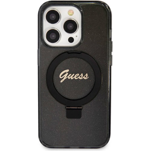 Apple iPhone 15 Pro Uyumlu Kılıf Guess Orjinal Lisanslı Magsafe Şarj Özellikli Simli Arka Yüzey Ring Standlı Kapak