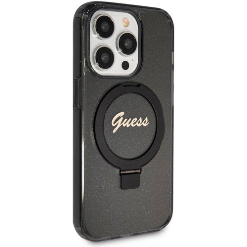 Apple iPhone 15 Pro Uyumlu Kılıf Guess Orjinal Lisanslı Magsafe Şarj Özellikli Simli Arka Yüzey Ring Standlı Kapak