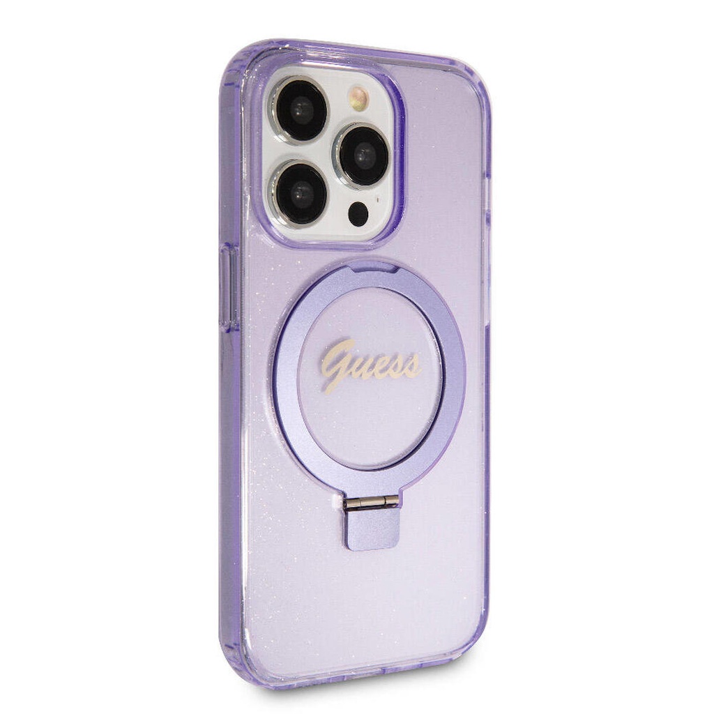 Apple iPhone 15 Pro Uyumlu Kılıf Guess Orjinal Lisanslı Magsafe Şarj Özellikli Simli Arka Yüzey Ring Standlı Kapak
