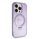 Apple iPhone 15 Pro Uyumlu Kılıf Guess Orjinal Lisanslı Magsafe Şarj Özellikli Simli Arka Yüzey Ring Standlı Kapak