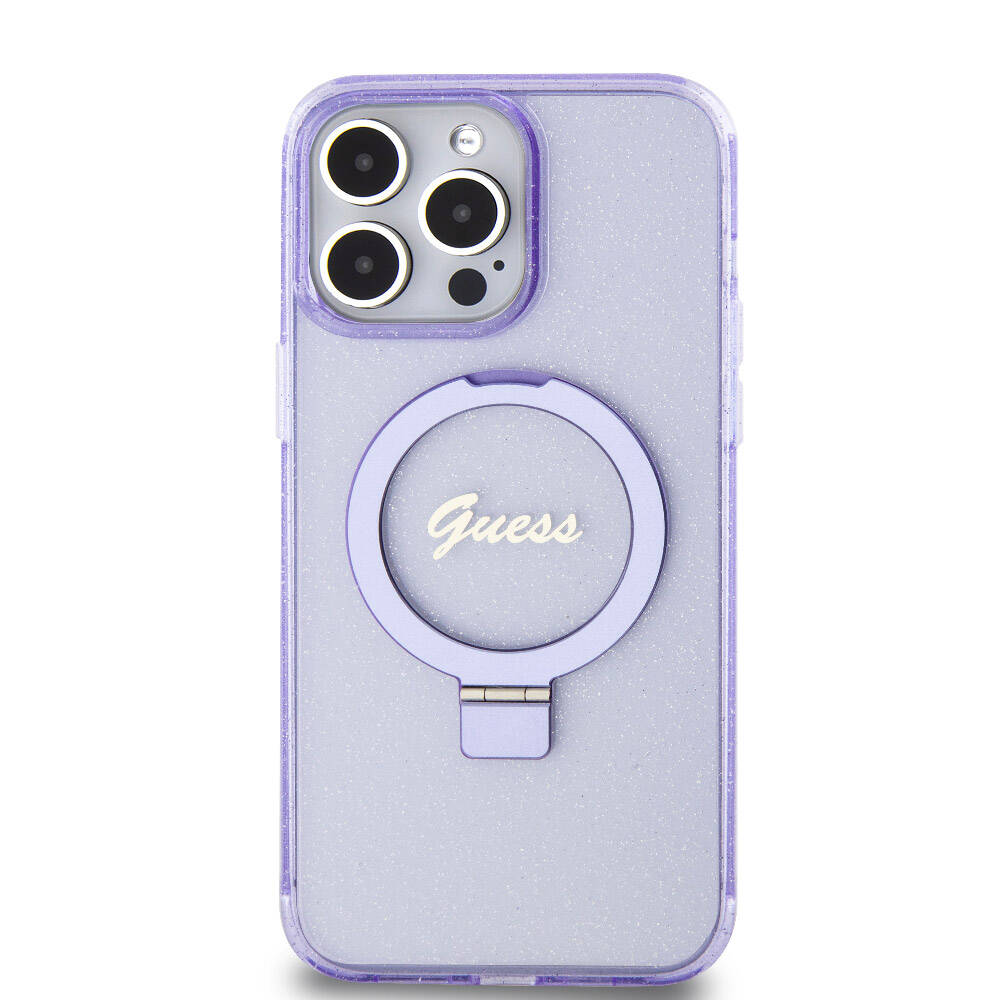 Apple iPhone 15 Pro Max Uyumlu Kılıf Guess Orjinal Lisanslı Magsafe Şarj Özellikli Simli Arka Yüzey Ring Standlı Kapak - 2