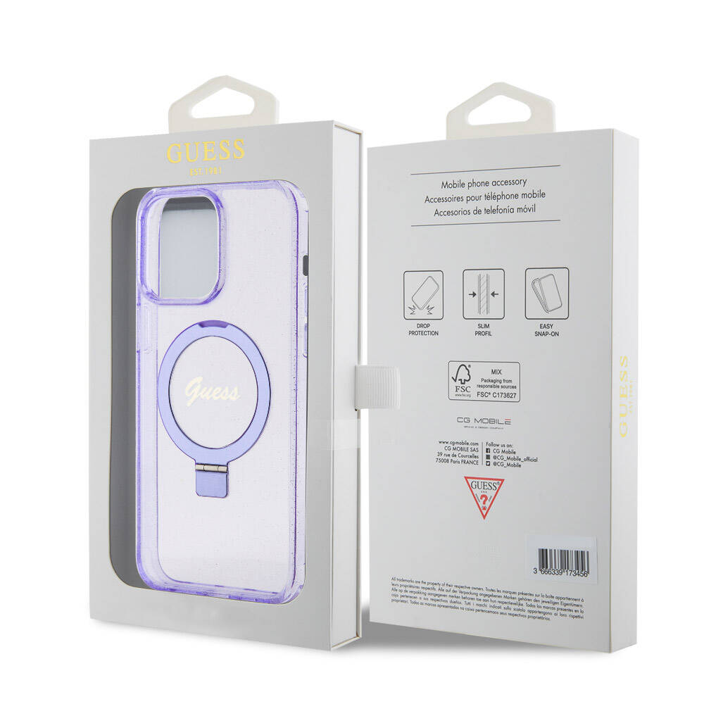 Apple iPhone 15 Pro Max Uyumlu Kılıf Guess Orjinal Lisanslı Magsafe Şarj Özellikli Simli Arka Yüzey Ring Standlı Kapak - 7
