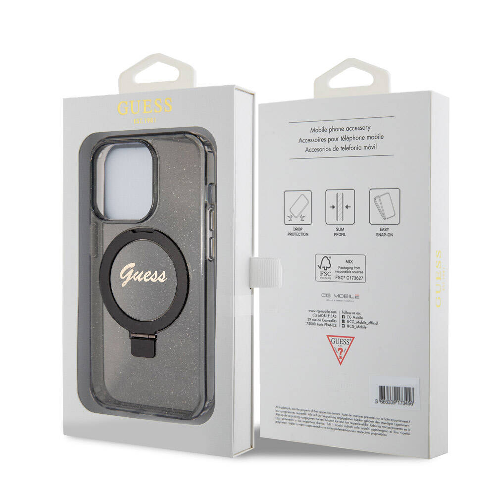 Apple iPhone 15 Pro Max Uyumlu Kılıf Guess Orjinal Lisanslı Magsafe Şarj Özellikli Simli Arka Yüzey Ring Standlı Kapak - 14