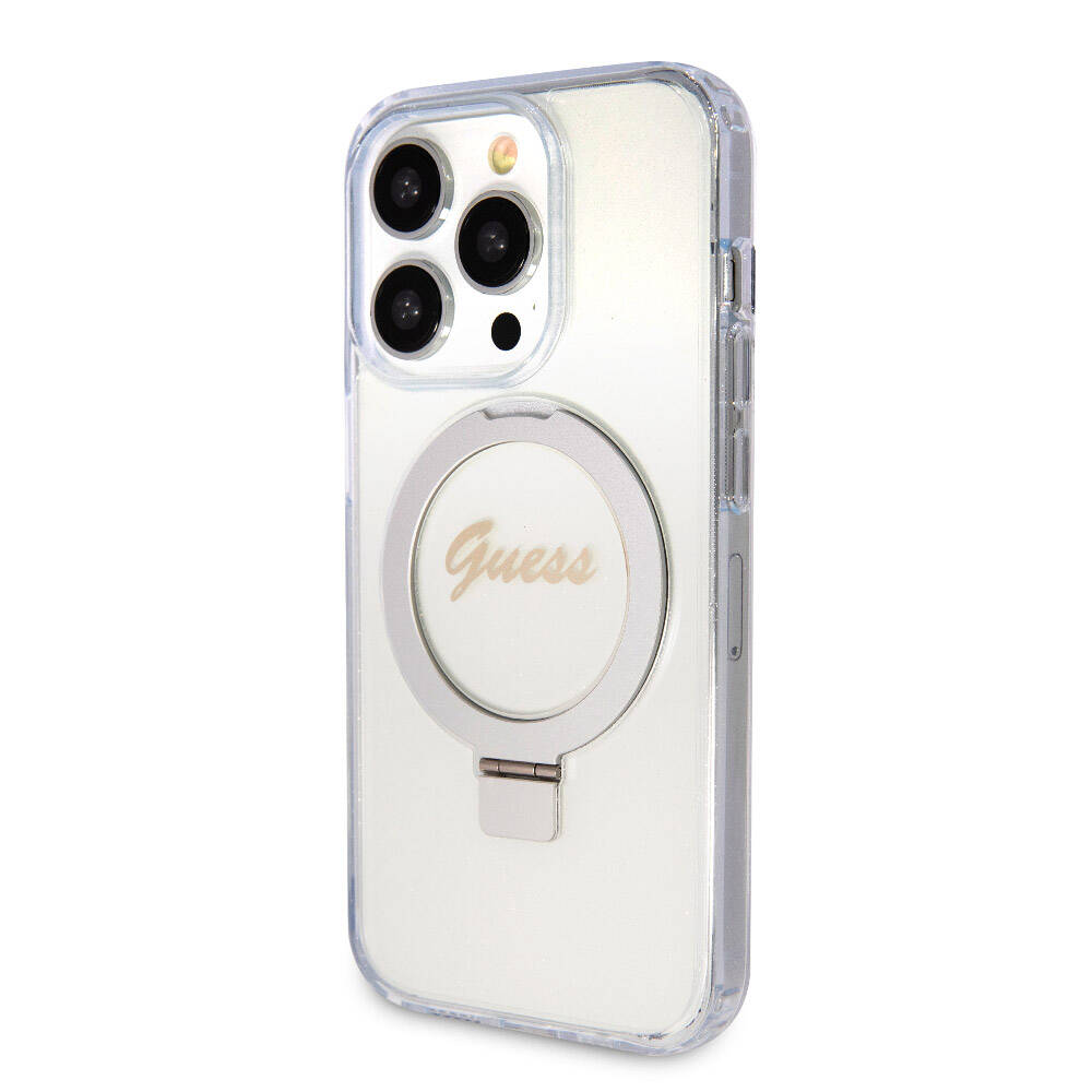 Apple iPhone 15 Pro Max Uyumlu Kılıf Guess Orjinal Lisanslı Magsafe Şarj Özellikli Simli Arka Yüzey Ring Standlı Kapak - 15