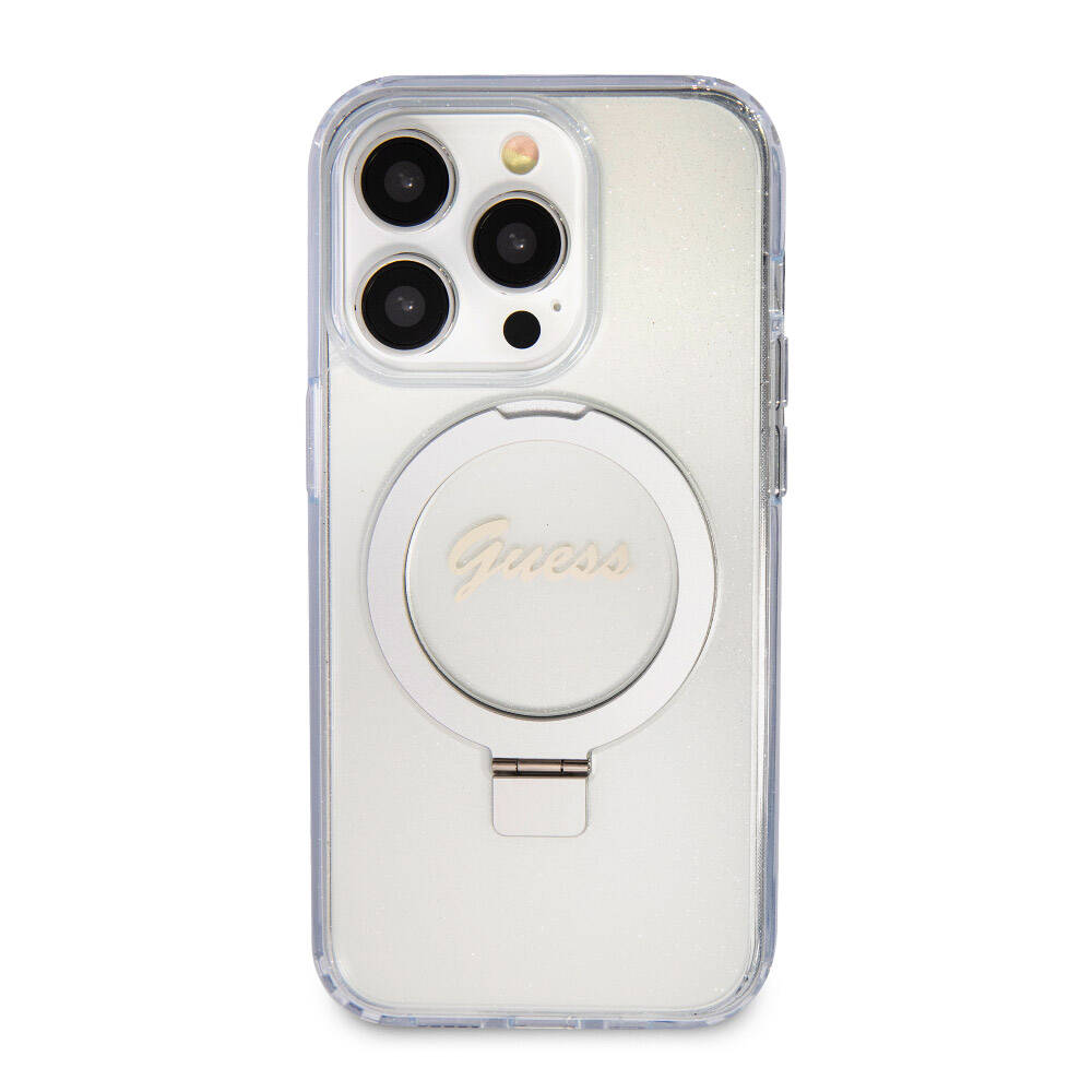 Apple iPhone 15 Pro Max Uyumlu Kılıf Guess Orjinal Lisanslı Magsafe Şarj Özellikli Simli Arka Yüzey Ring Standlı Kapak - 16