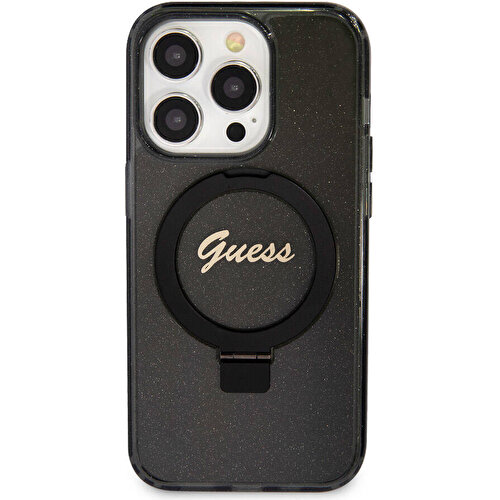 Apple iPhone 15 Pro Max Uyumlu Kılıf Guess Orjinal Lisanslı Magsafe Şarj Özellikli Simli Arka Yüzey Ring Standlı Kapak