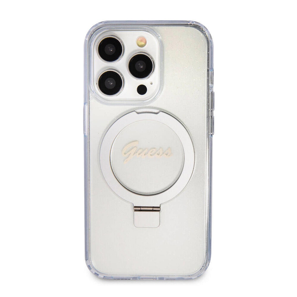 Apple iPhone 15 Pro Max Uyumlu Kılıf Guess Orjinal Lisanslı Magsafe Şarj Özellikli Simli Arka Yüzey Ring Standlı Kapak