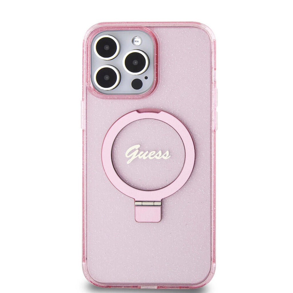 Apple iPhone 15 Pro Max Uyumlu Kılıf Guess Orjinal Lisanslı Magsafe Şarj Özellikli Simli Arka Yüzey Ring Standlı Kapak