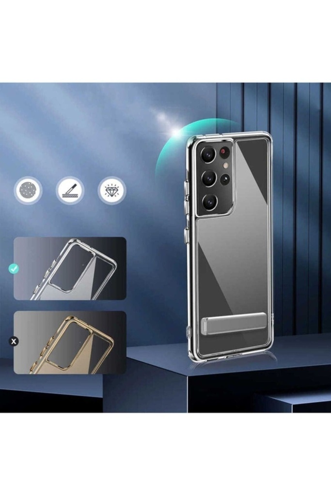 Samsung Galaxy S21 Ultra Uyumlu Kılıf Standlı Şeffaf Silikon Zore L-Stand Kapak