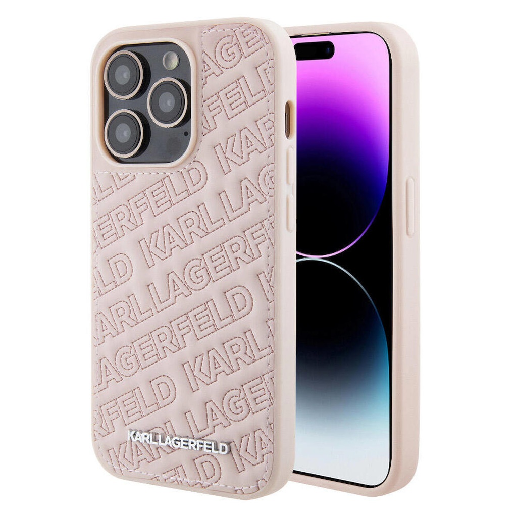 Apple iPhone 15 Pro Max Uyumlu Kılıf Karl Lagerfeld Orjinal Lisanslı Metal Yazı Logolu Dikişli Logo Arka Yüzey Kapitone Kapak