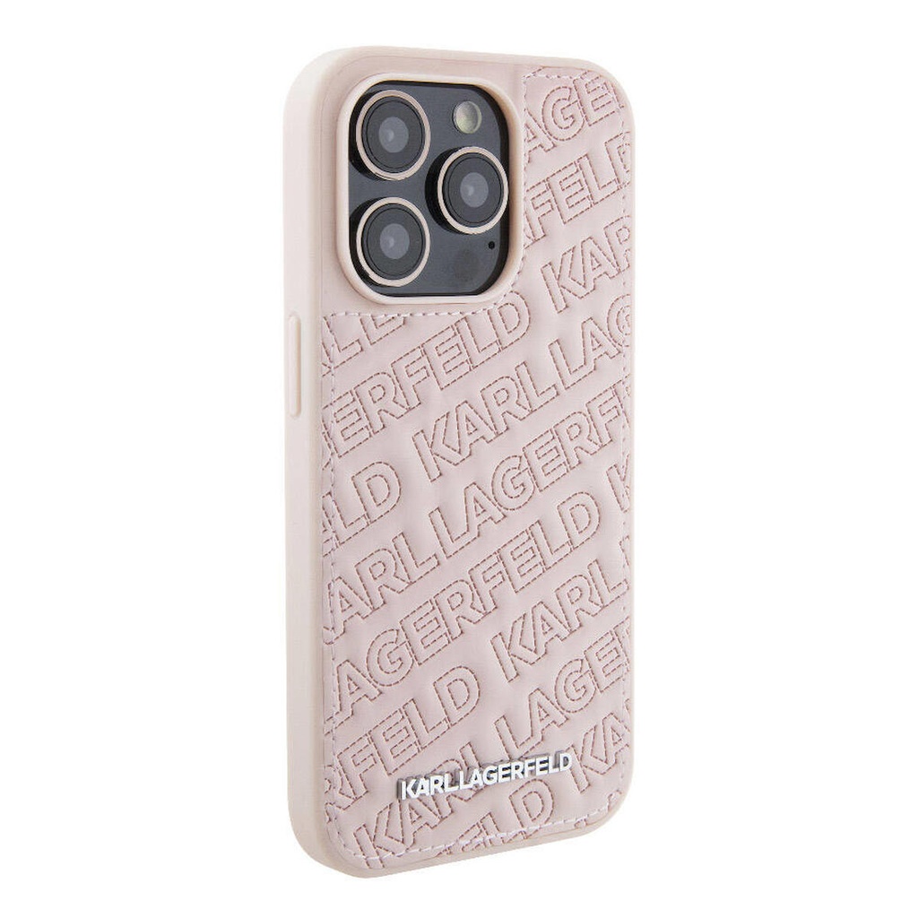 Apple iPhone 15 Pro Max Uyumlu Kılıf Karl Lagerfeld Orjinal Lisanslı Metal Yazı Logolu Dikişli Logo Arka Yüzey Kapitone Kapak