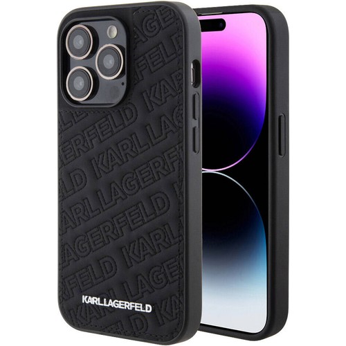 Apple iPhone 15 Pro Max Uyumlu Kılıf Karl Lagerfeld Orjinal Lisanslı Metal Yazı Logolu Dikişli Logo Arka Yüzey Kapitone Kapak