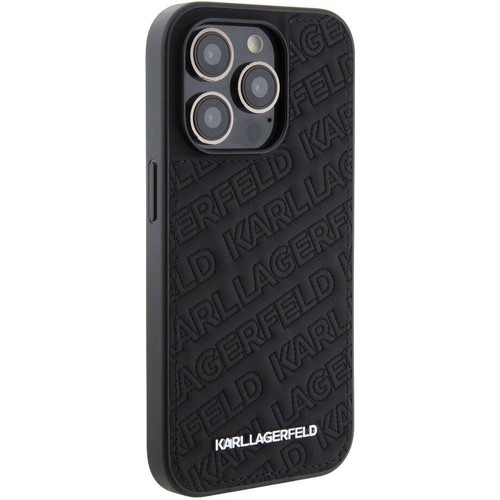 Apple iPhone 15 Pro Max Uyumlu Kılıf Karl Lagerfeld Orjinal Lisanslı Metal Yazı Logolu Dikişli Logo Arka Yüzey Kapitone Kapak