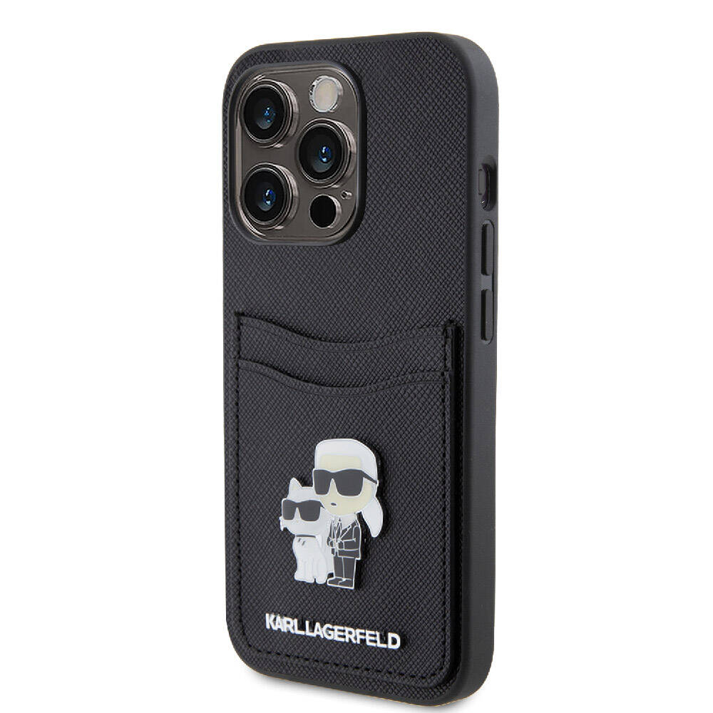 Apple iPhone 15 Pro Uyumlu Kılıf Karl Lagerfeld Orjinal Lisanslı Metal Logo Kartlıklı Saffiano Kapak - 1