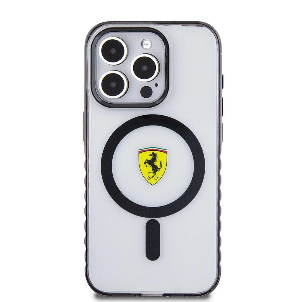 Apple iPhone 15 Pro Uyumlu Kılıf Ferrari Orjinal Lisanslı Magsafe Şarj Özellikli Tırtıklı Kenar Tasarımlı Ortalanmış Logo Kapak