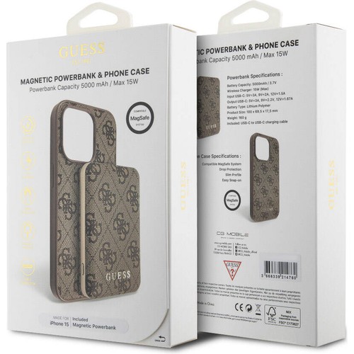 Apple iPhone 14 Uyumlu Kılıf Guess Orjinal Lisanslı Magsafe Şarj Özellikli Yazı Logolu 4G Desenli Kapak + Powerbank 5000mAh 2in1 Set