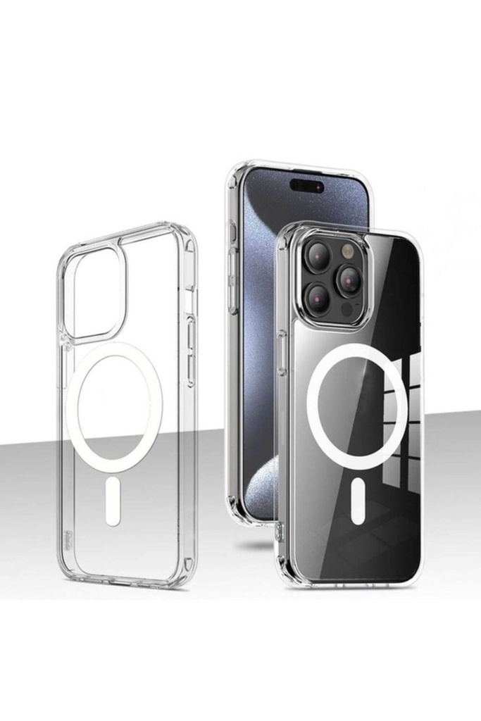 Apple iPhone 15 Pro Max Uyumlu Kılıf Magsafe Şarj Özellikli Şeffaf Sert PC Zore Embos Kapak