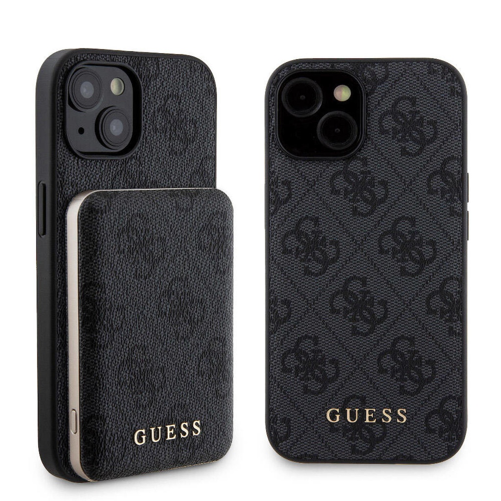 Apple iPhone 15 Uyumlu Kılıf Guess Orjinal Lisanslı Magsafe Şarj Özellikli Yazı Logolu 4G Desenli Kapak + Powerbank 5000mAh 2in1 Set