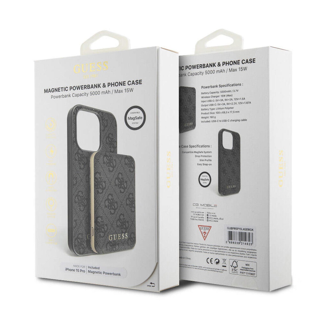 Apple iPhone 15 Pro Uyumlu Kılıf Guess Orjinal Lisanslı Magsafe Şarj Özellikli Yazı Logolu 4G Desenli Kapak + Powerbank 5000mAh 2in1 Set