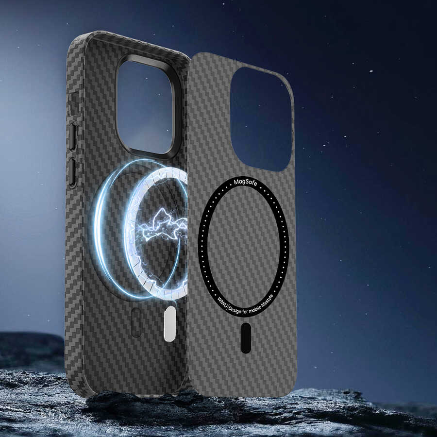 Apple iPhone 14 Pro Max Uyumlu Kılıf ​​​​​Wiwu Karbon Fiber Görünümlü Magsafe Wireless Şarj Özellikli Kabon Kapak - 16