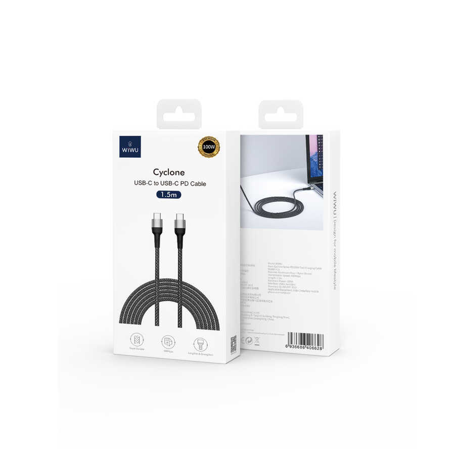 Wiwu Cyclone F15 Type-C to Type-C PD Data Kablo 480Mbps 100W 1.5 metre - 2