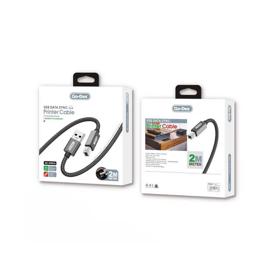 Go Des GD-HM836 USB-A to USB-B 2.0 Örgülü Yazıcı Kablosu 2M - 1