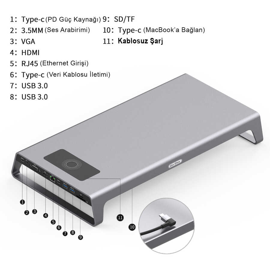 Go Des GD-9128 Hub ve Kablosuz Şarj Destekli Laptop Standı Docking Station Stand - 2