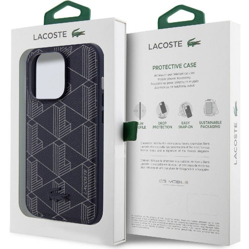 Apple iPhone 15 Pro Max Uyumlu Kılıf Lacoste Orjinal Lisanslı Magsafe Şarj Özellikli PU Deri Görünümlü Karışık Monogram Desenli Kapak