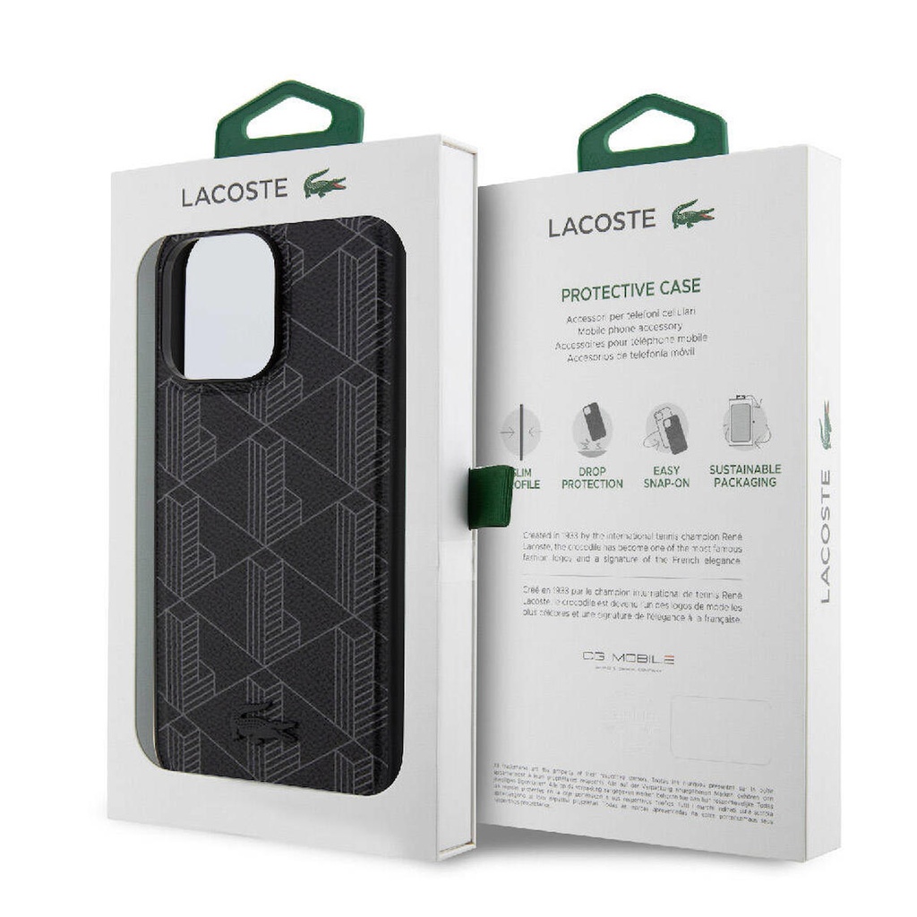 Apple iPhone 15 Pro Max Uyumlu Kılıf Lacoste Orjinal Lisanslı Magsafe Şarj Özellikli PU Deri Görünümlü Karışık Monogram Desenli Kapak