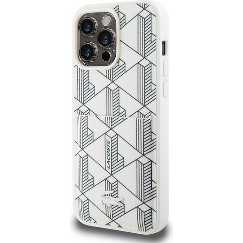 Apple iPhone 15 Pro Uyumlu Kılıf Lacoste Orjinal Lisanslı Magsafe Şarj Özellikli PU Deri Görünümlü Kartlıklı Karışık Monogram Desenli Kapak