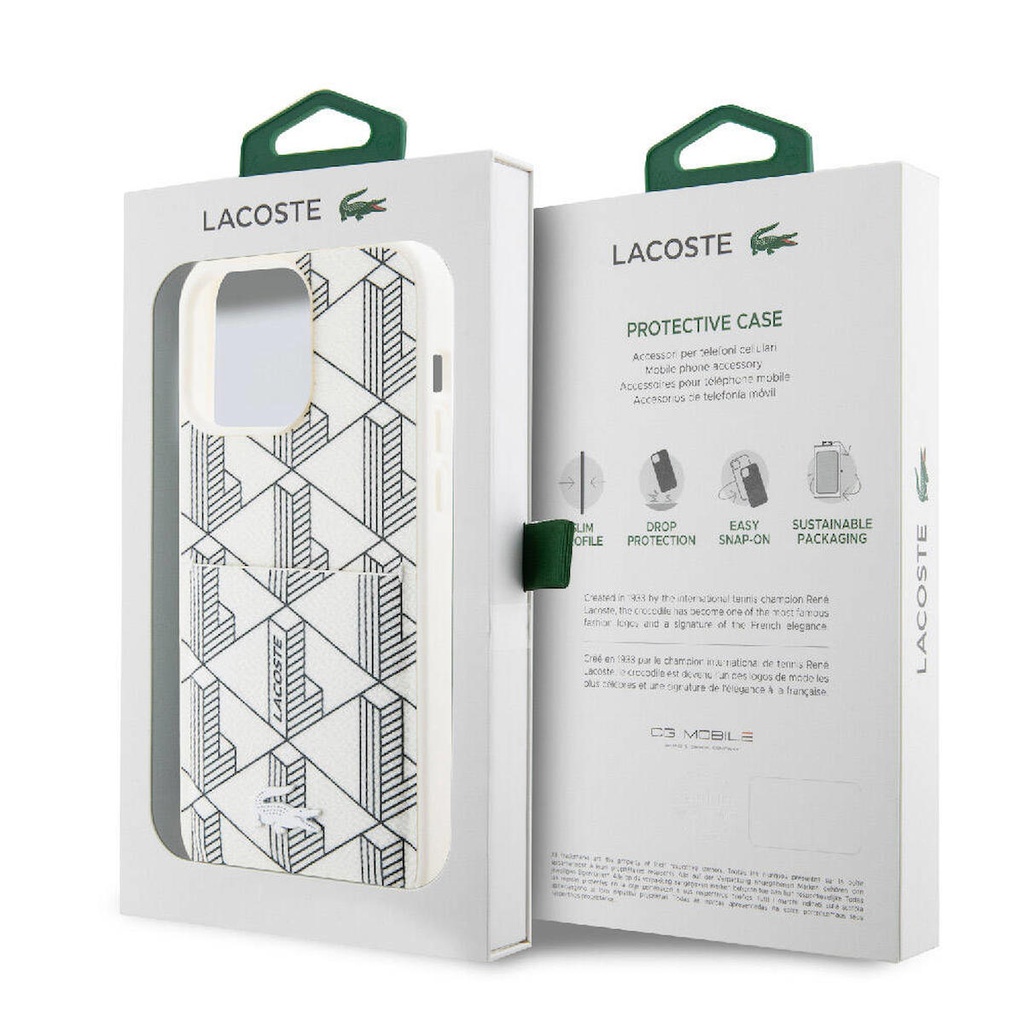 Apple iPhone 15 Pro Max Uyumlu Kılıf Lacoste Orjinal Lisanslı Magsafe Şarj Özellikli PU Deri Görünümlü Kartlıklı Karışık Monogram Desenli Kapak