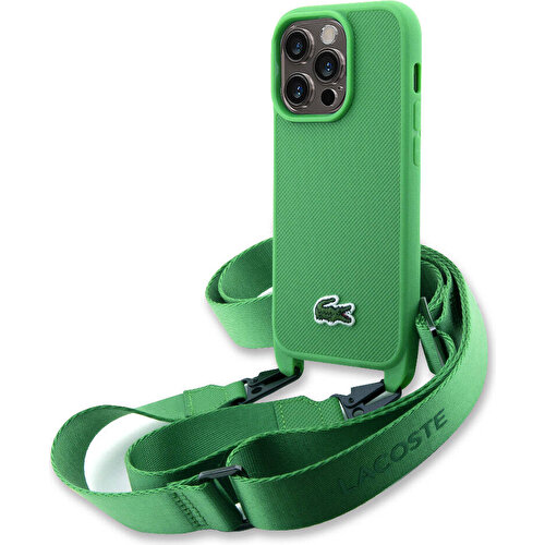 Apple iPhone 14 Pro Uyumlu Kılıf Lacoste Orjinal Lisanslı PU Pike Desenli Arka Yüzey Askılı İkonik Timsah Dokuma Logolu Kapak