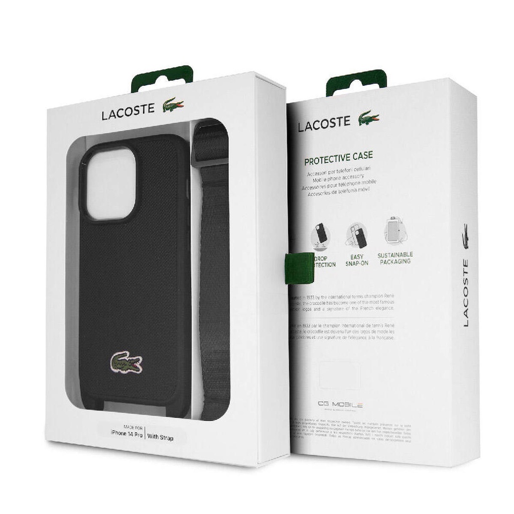 Apple iPhone 14 Pro Uyumlu Kılıf Lacoste Orjinal Lisanslı PU Pike Desenli Arka Yüzey Askılı İkonik Timsah Dokuma Logolu Kapak