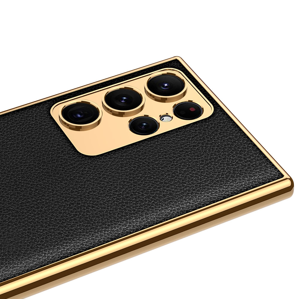 Samsung Galaxy S23 Ultra Uyumlu Kılıf Deri Görünümlü Kenarları Elektroplating Kaplama Zore Fizyon Kapak - 5