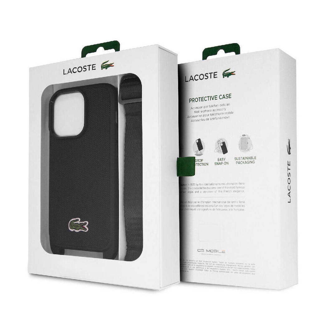 Apple iPhone 15 Pro Uyumlu Kılıf Lacoste Orjinal Lisanslı PU Pike Desenli Arka Yüzey Askılı İkonik Timsah Dokuma Logolu Kapak