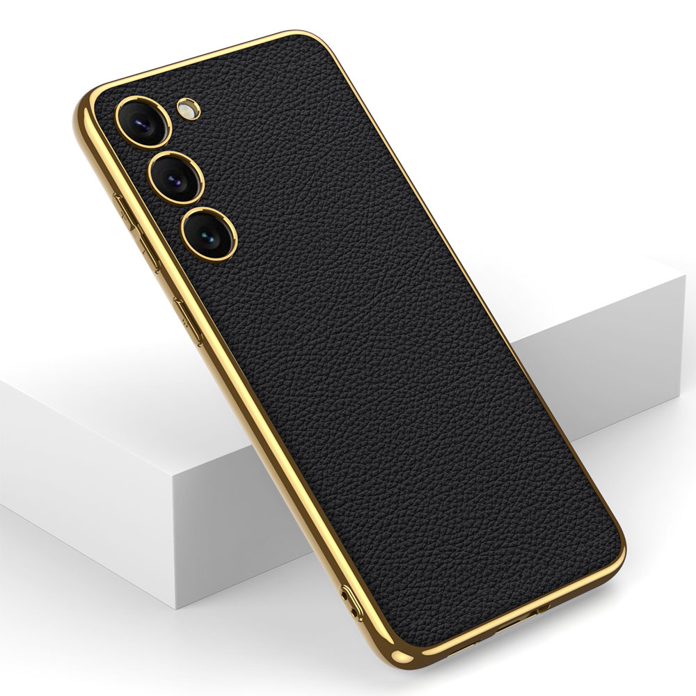 Samsung Galaxy S23 Uyumlu Kılıf Deri Görünümlü Kenarları Elektroplating Kaplama Zore Fizyon Kapak - 11